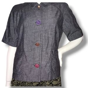 Liz Claiborne Lined Gray Chambray Mismatched Buttons Short Sleeve Light Jacket L